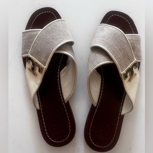 Tory Burch Ivory & Canvas Leather Slides Sandals EUC 6